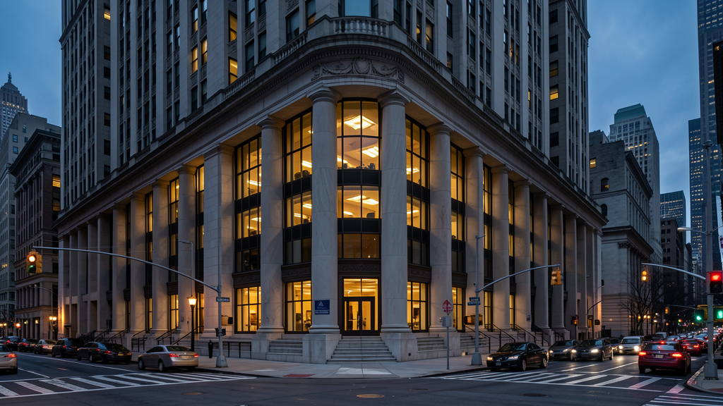 photorealistic Federal Reserve building financial district