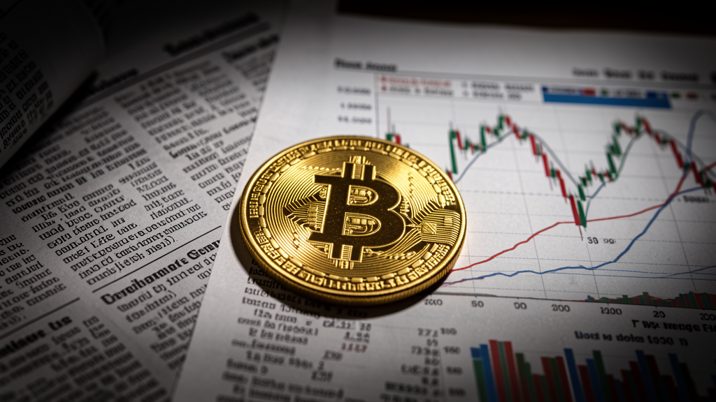 photorealistic gold Bitcoin coin on financial newspaper