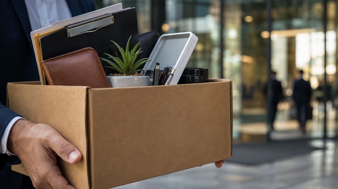 Un salarié quitte son bureau, ses affaires dans un carton