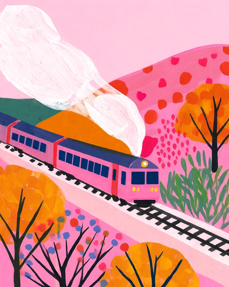 pink gouache collage style