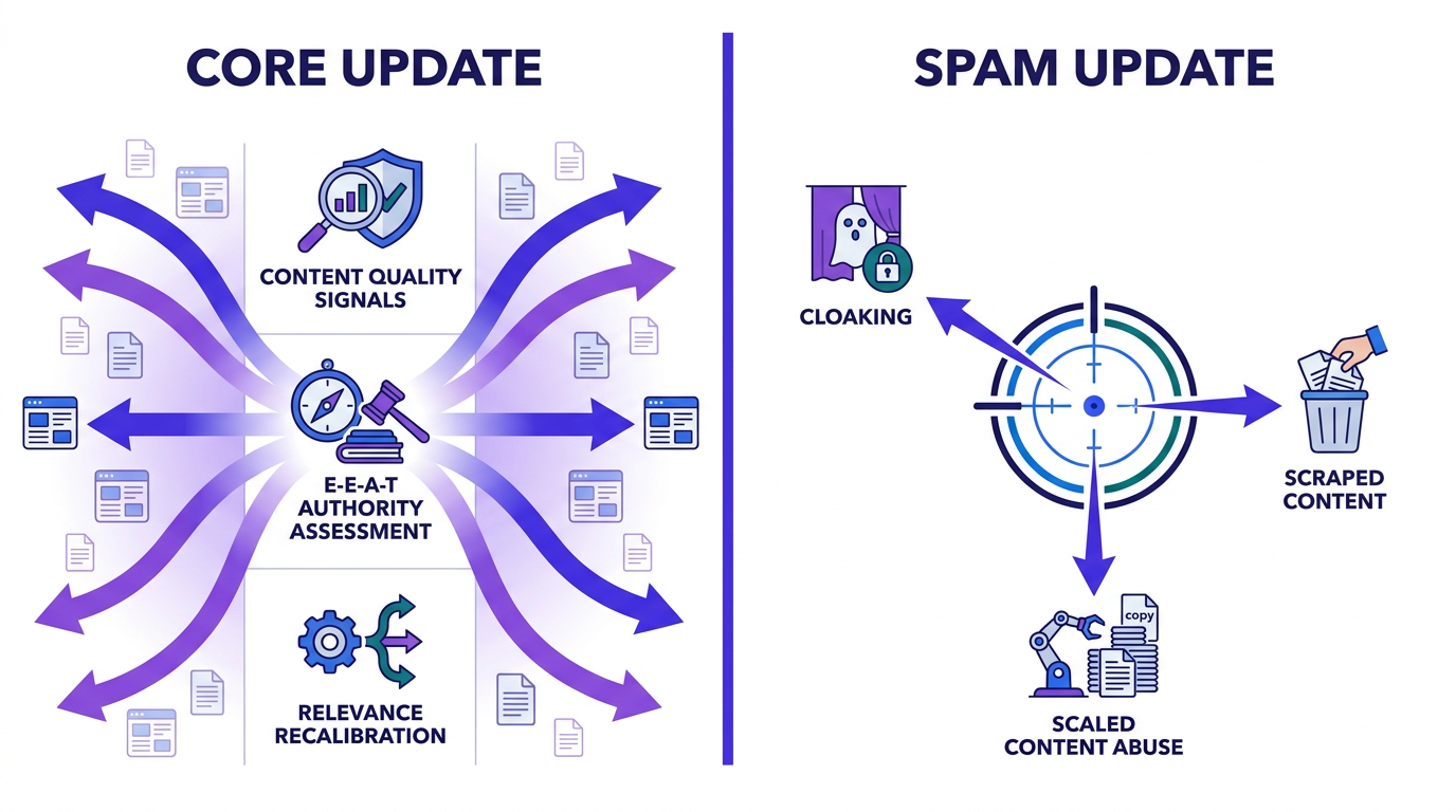 Comparison diagram of Google spam update vs core update targeting mechanisms