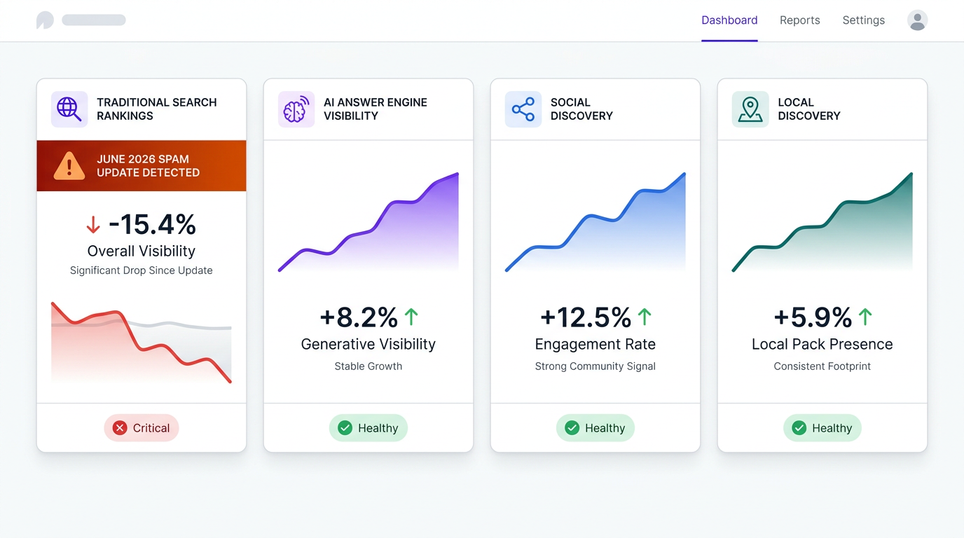 Cross-channel visibility dashboard showing Google June 2026 spam update alert on search panel