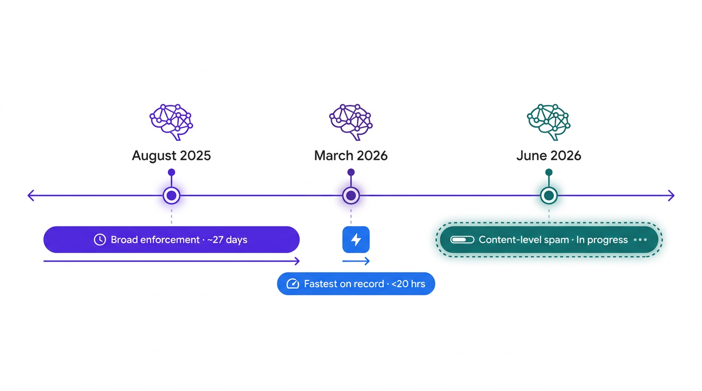 Horizontal timeline infographic of Google spam updates August 2025 to June 2026 showing rollout durations