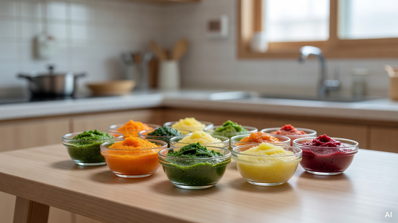 small glass bowls of pureed vegetables arranged on a light wooden kitchen table