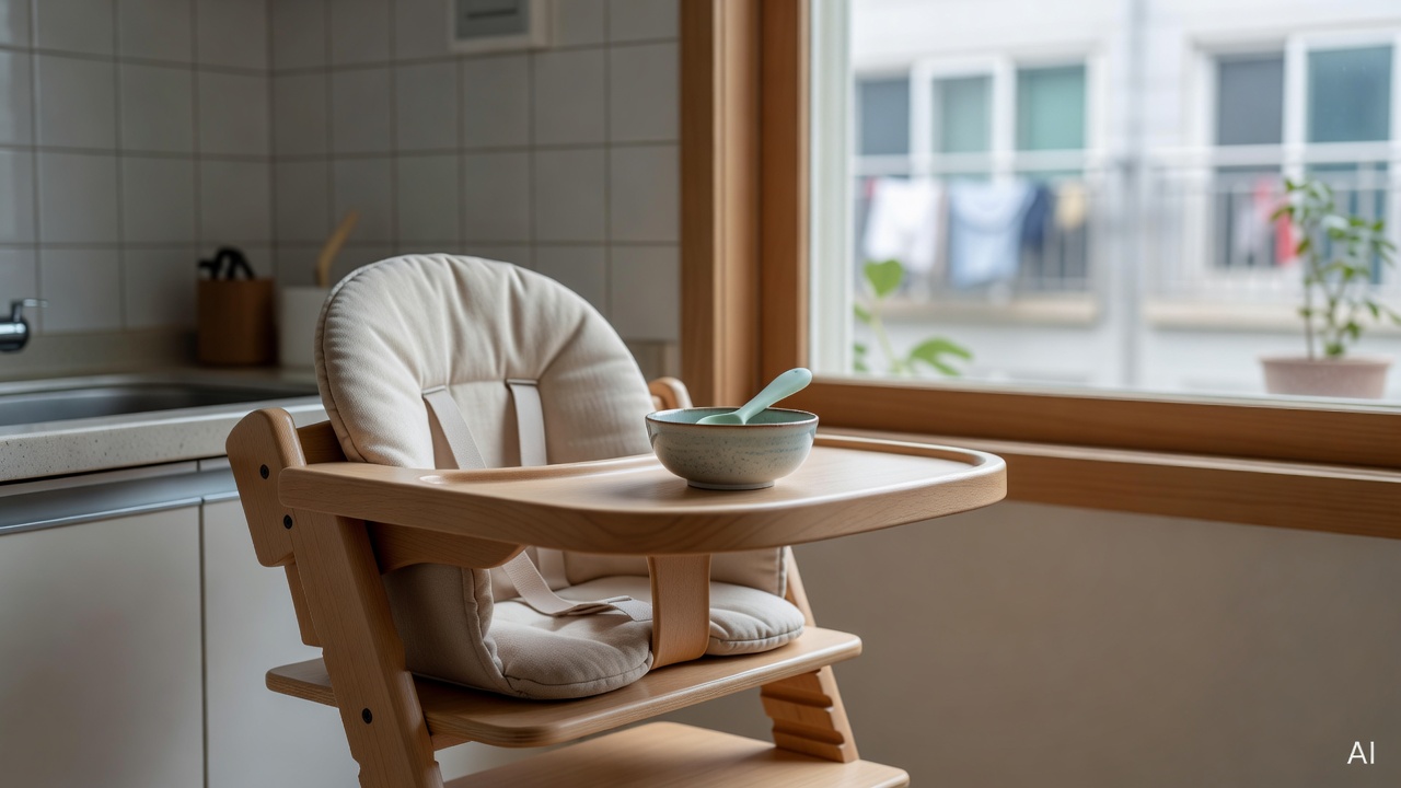 baby high chair with small bowl and soft spoon placed on it, next to a kitchen window