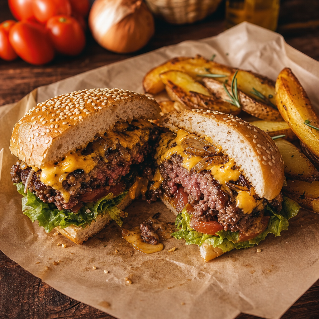 Monster do Zé — hambúrguer artesanal 180g com queijo derretido, cebola caramelizada e batata rústica, no balcão
