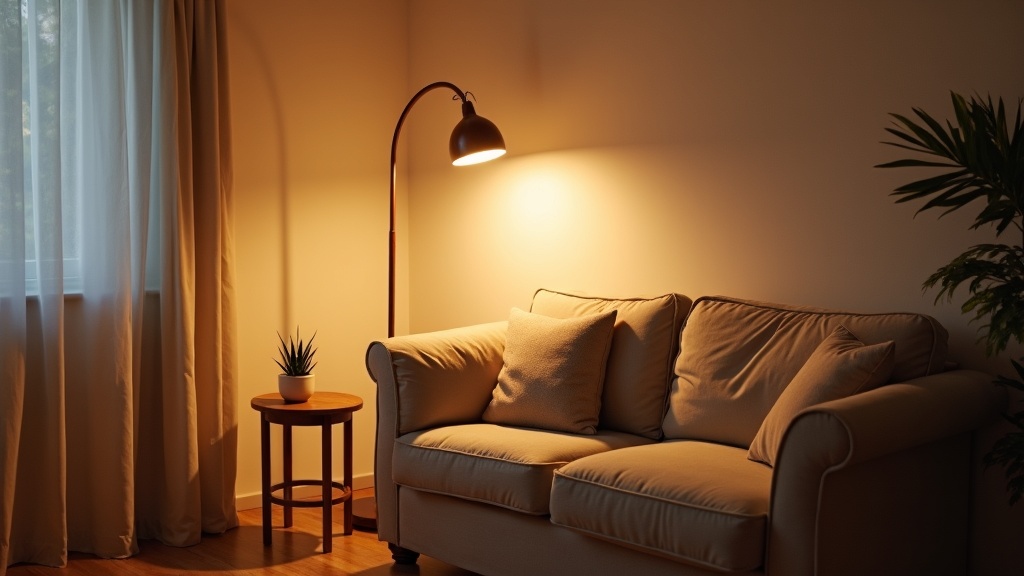Warm floor lamp lighting a corner of a small living room