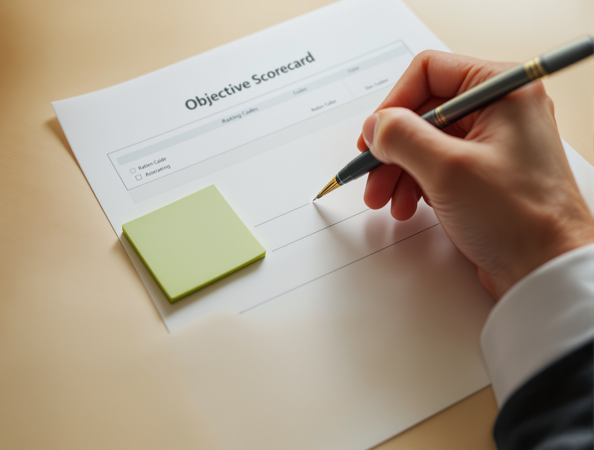 Hand holding a pen over an objective candidate scorecard, symbolizing evidence-based hiring.