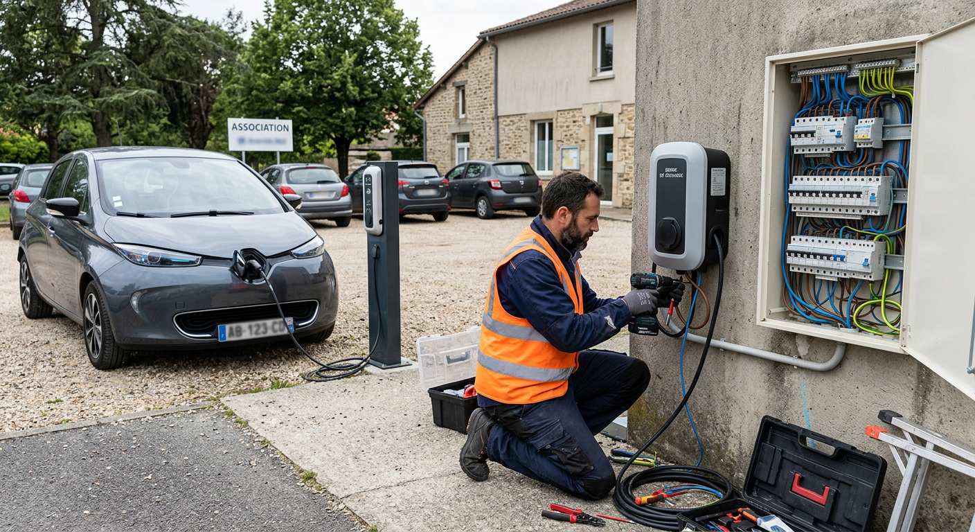 Installateur professionnel posant une borne de recharge IRVE dans un parking associatif avec voiture électrique en charge.