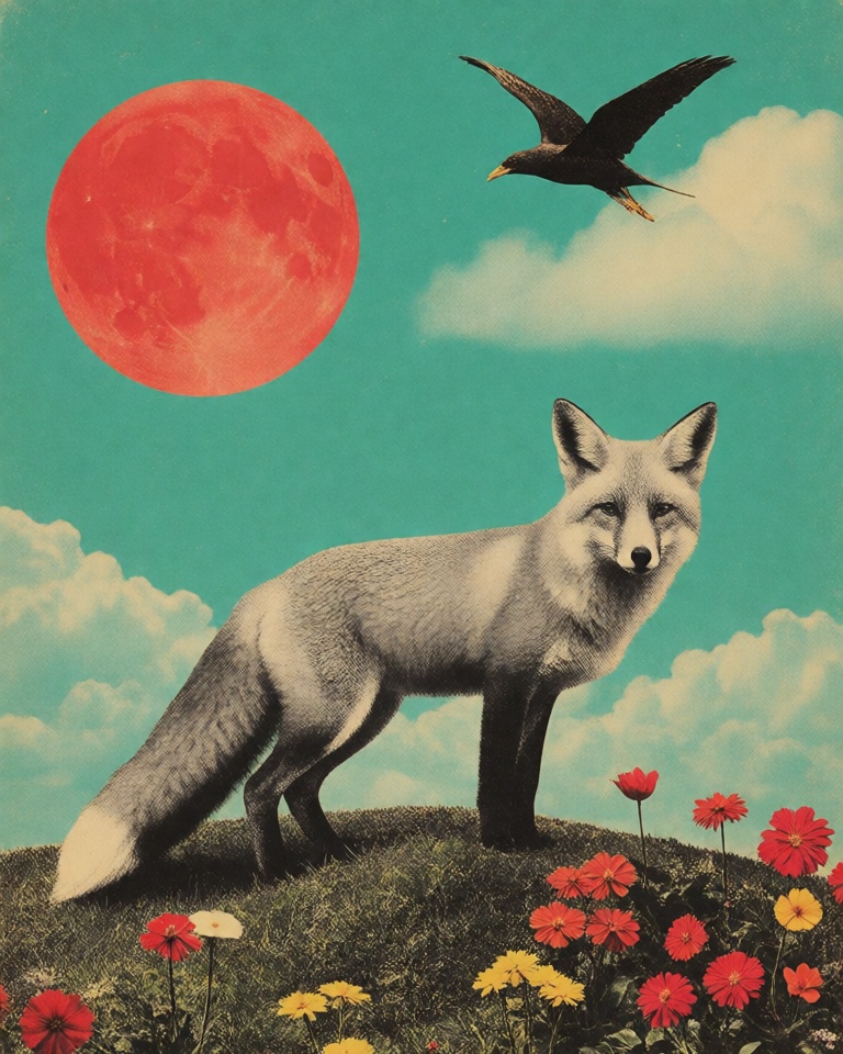 retro halftone surreal collage style