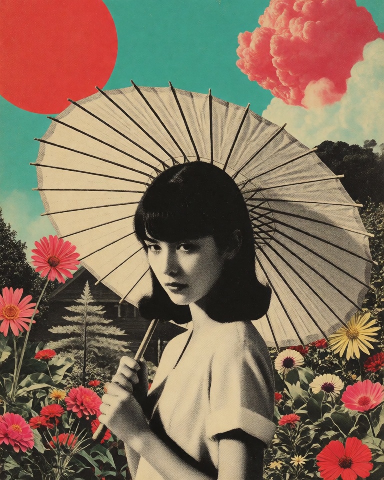 retro halftone surreal collage style