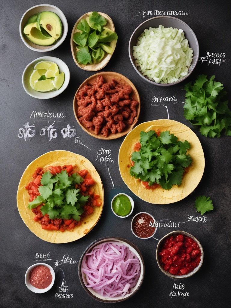 Fresh ingredients for beef tacos recipe including ground beef, tomatoes, and spices