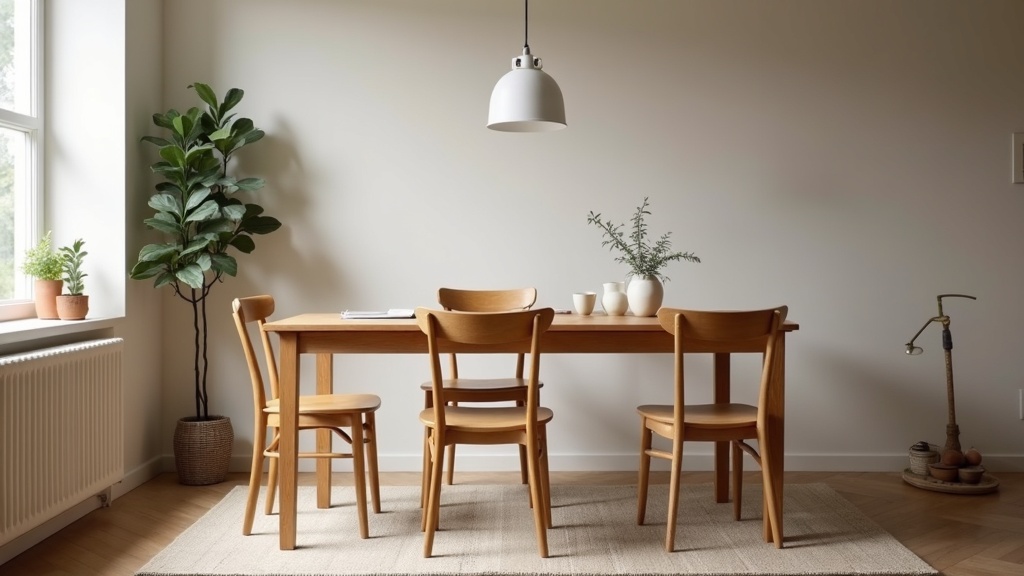 Mismatched dining chairs around a solid oak table create a curated, high-end look