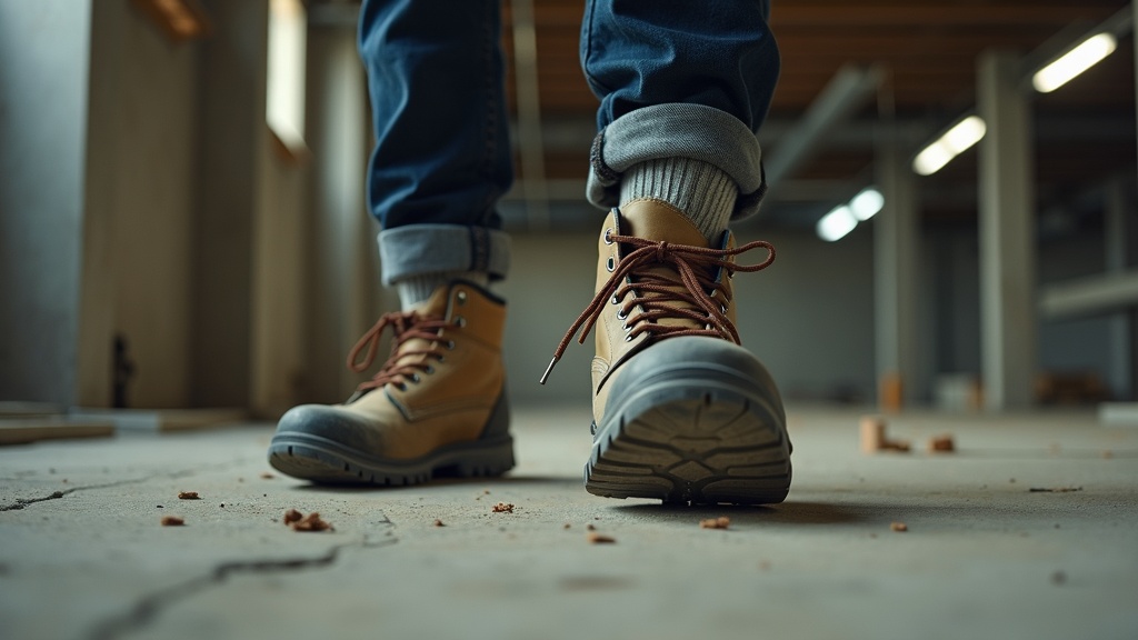 Worker in merino wool socks lacing up steel-toe boots on a job site