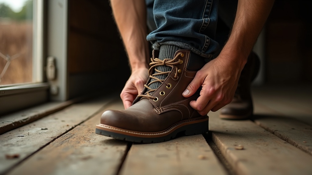 Worker putting on wool sock before lacing up a steel-toe work boot