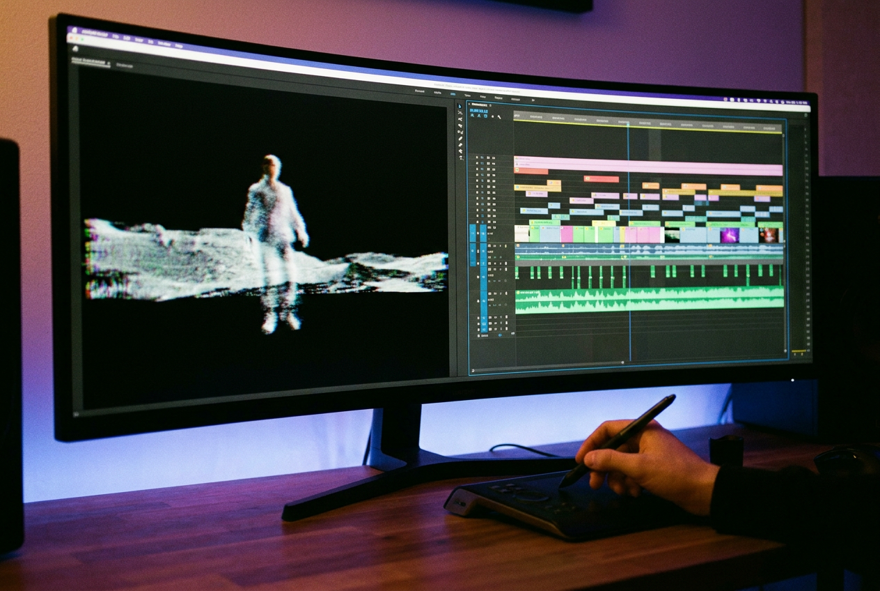 A split-screen comparison showing a raw AI-generated video clip on the left side (abstract, unfinished, no audio waveform) versus a polished music video timeline on the right side with beat markers, scene transitions, and an audio waveform perfectly aligned. The contrast between chaos and order is striking.