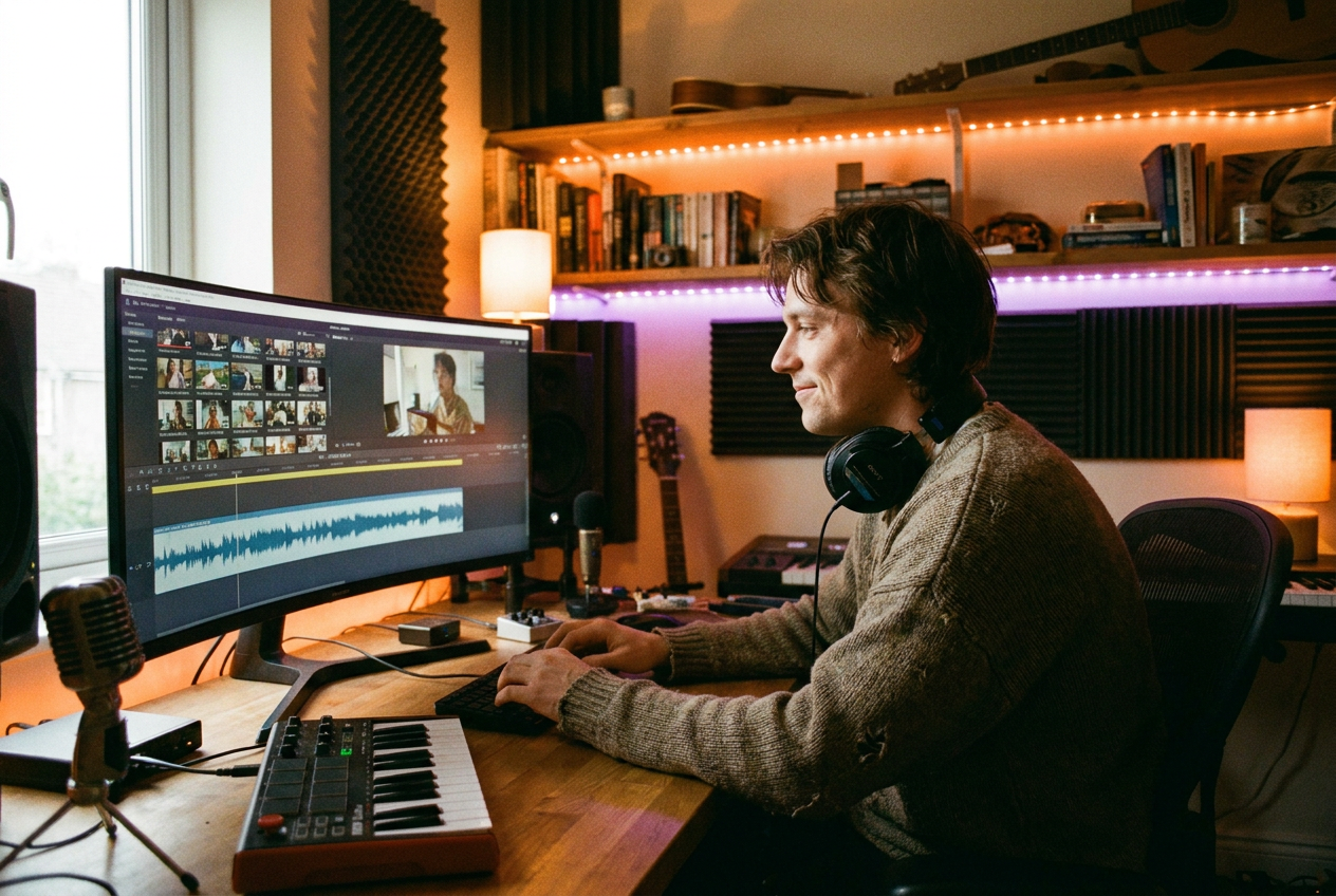 A musician sitting in a home studio looking at a large screen displaying a completed AI music video with perfectly synced visual scenes matching the audio waveform below. The musician is wearing headphones around their neck, looking satisfied. Colorful visualizations and scene thumbnails are arranged on the screen in a timeline. Warm, creative lighting with purple and orange tones from LED strips.