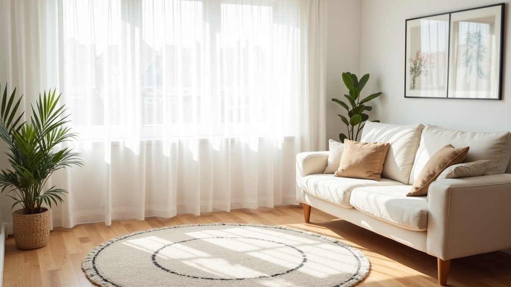 Styled rental apartment living room with layered textiles and natural light
