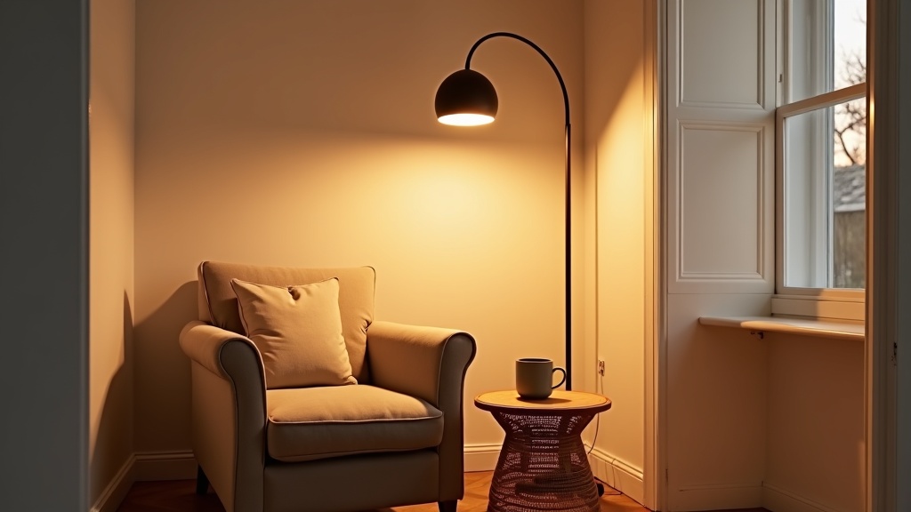 Warm floor lamp casting soft light in a styled rental apartment corner