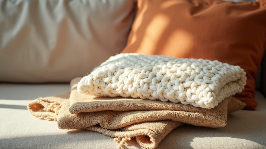 Layered textures on a rental apartment sofa, cream knit throw and linen cushions