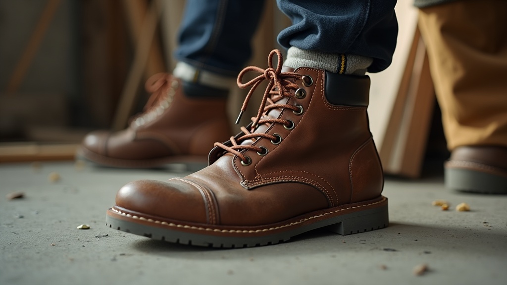 Merino wool socks for work: boots being laced on a jobsite