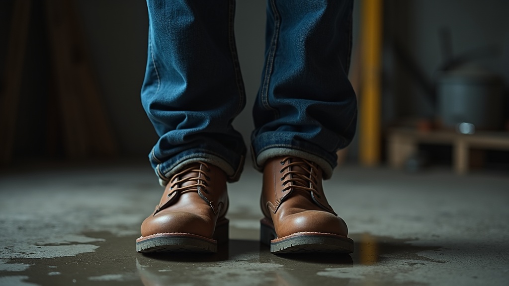 Worker in steel-toed boots with merino wool sock visible at the shaft