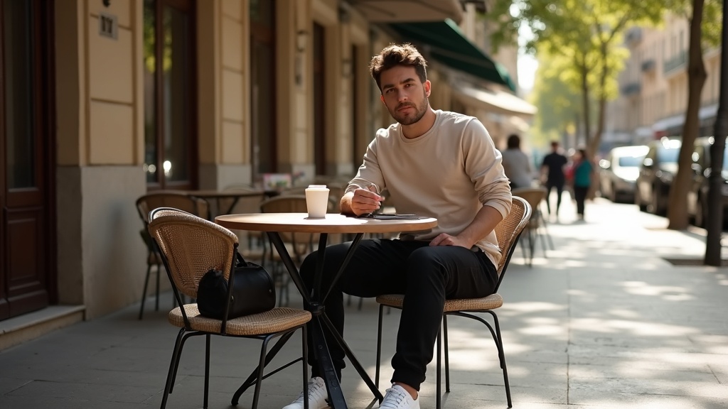 Outfit smart casual minimalista hombre en terraza de ciudad