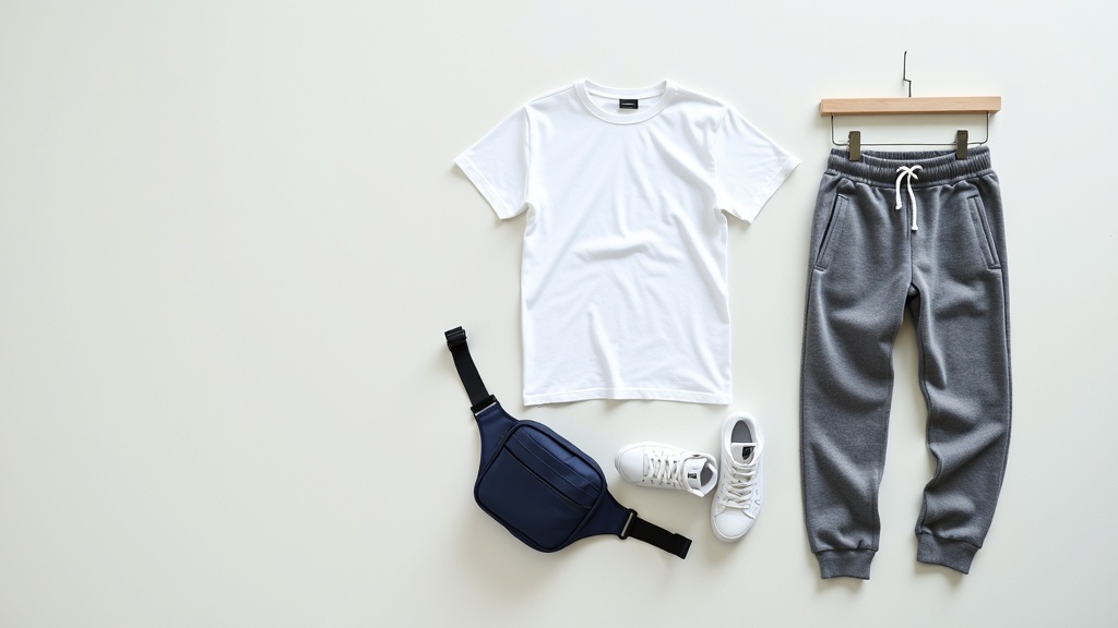 Ropa deportiva casual minimalista hombre: conjunto limpio sobre superficie de concreto
