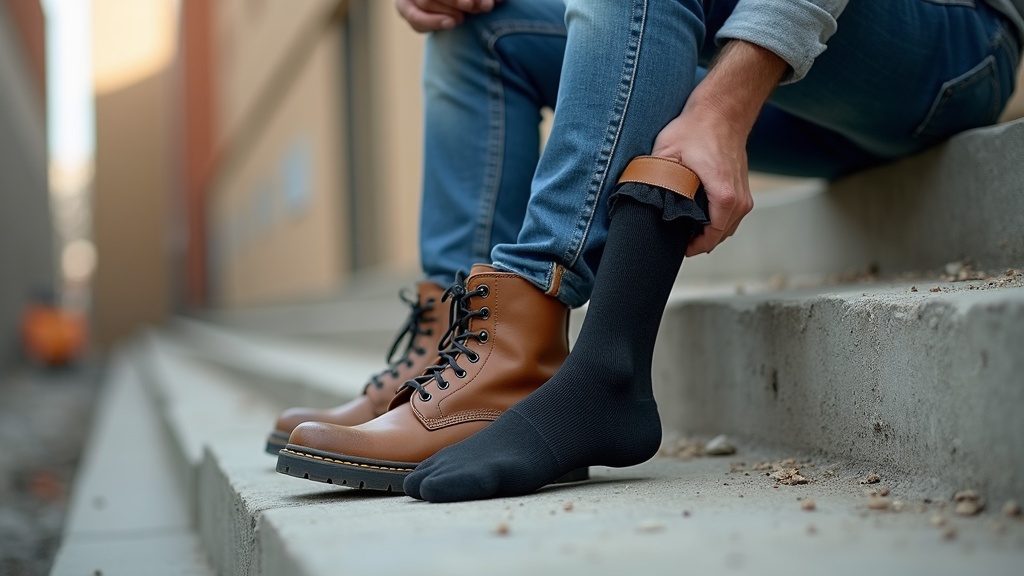 Trades worker removing work boot to show plantar fasciitis compression sock during break