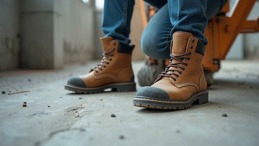 Trades worker standing on concrete in work boots, plantar fasciitis socks inside