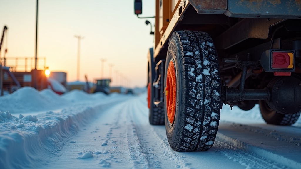 Snow sock fitted on a work truck tire on an icy jobsite road