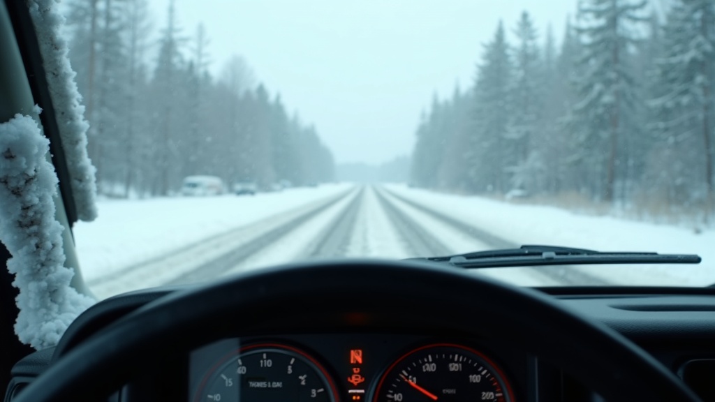 Truck speedometer showing safe driving speed with snow socks on a winter road