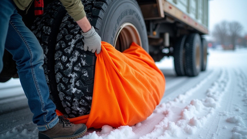 Worker stretching a snow sock over a truck tire in a snowy parking lot