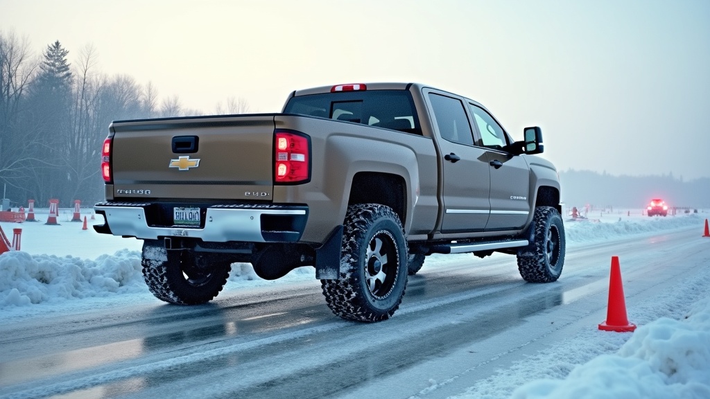 Work truck with snow socks navigating an icy construction site entrance road