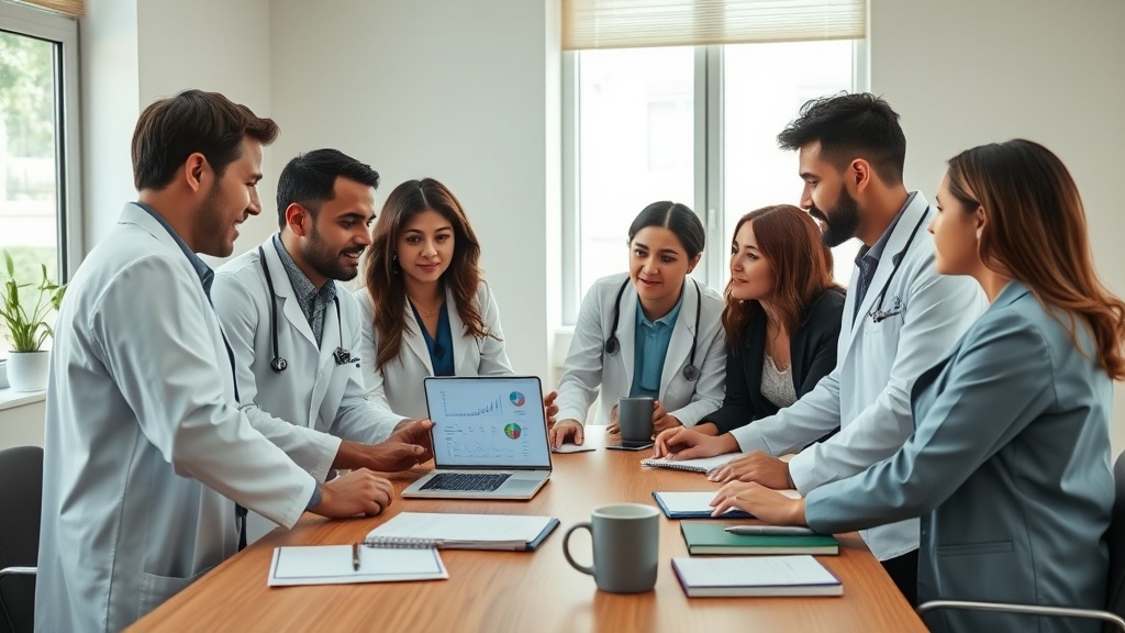Equipe de clínica brasileira reunida em frente ao computador planejando o blog profissional da clínica
