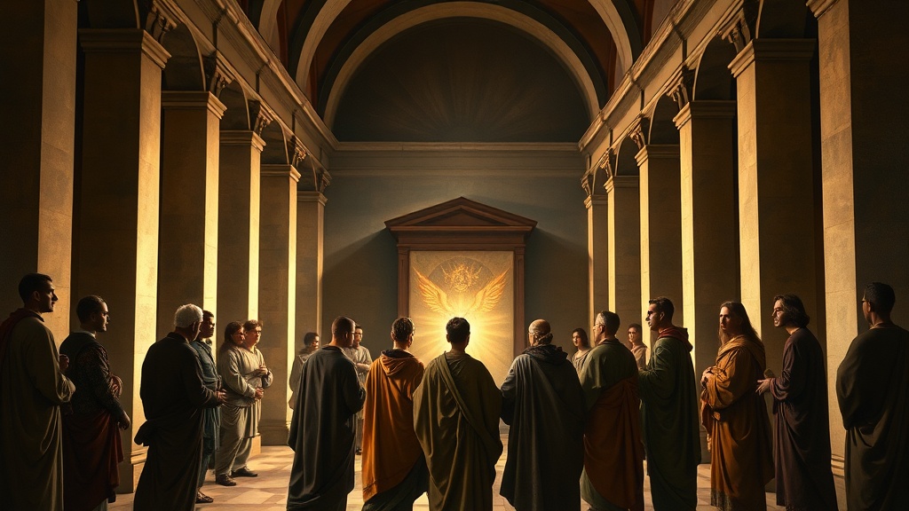 A contemplative sacred tableau representing a gathering around revealed truth