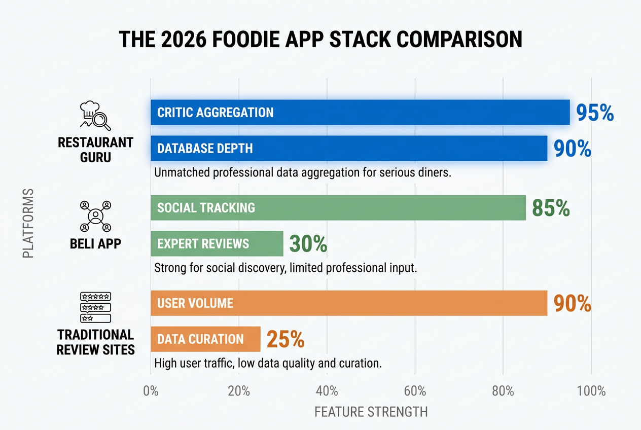 A horizontal bar chart comparing Restaurant Guru, Beli, and traditional sites across critic aggregation, social tracking, and database depth metrics.
