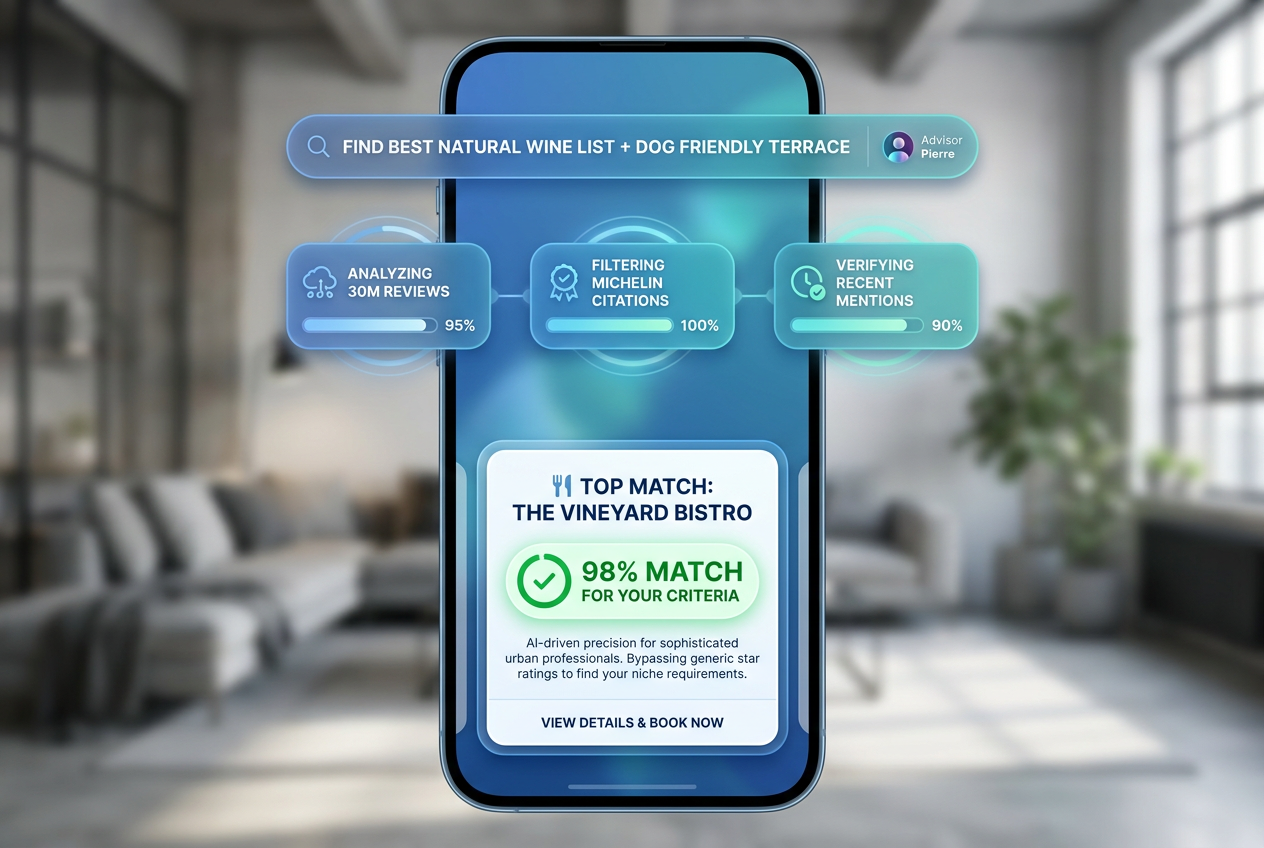 A mobile interface mockup showing an AI search for natural wine and dog-friendly terraces, illustrating how Advisor Pierre processes niche queries.