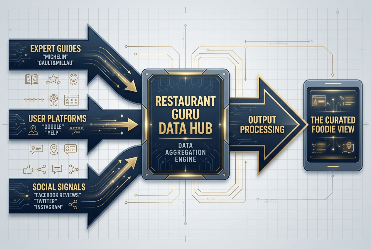 A technical flow chart showing how Restaurant Guru aggregates data from Michelin, Google, Yelp, and Facebook into one curated foodie interface.