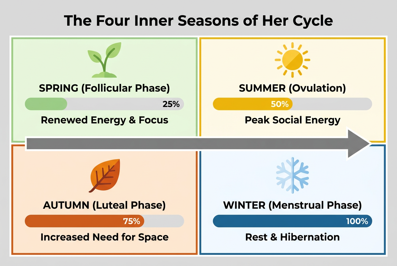 Infographic showing the four phases of the menstrual cycle as seasons: Spring, Summer, Autumn, and Winter, highlighting the Luteal phase for space.