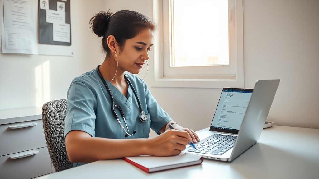 Profissional de saúde em consultório usando Google e planilha para planejar palavras-chave do blog