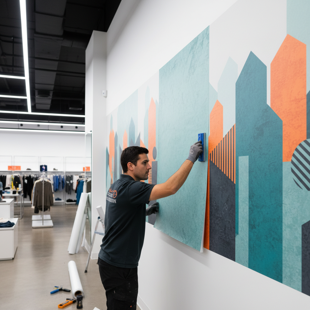 Professional wall graphic being applied to a retail store wall with a squeegee