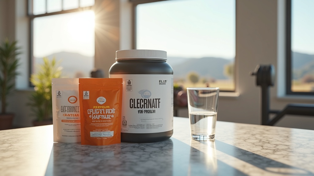 Close-up of clean workout supplements and a water bottle on a granite countertop in a Boise home gym, Idaho mountains visible through the window