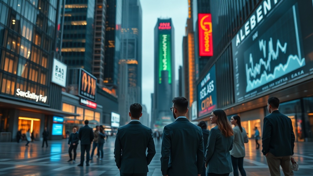 A modern financial district at dusk with thoughtful people observing market patterns