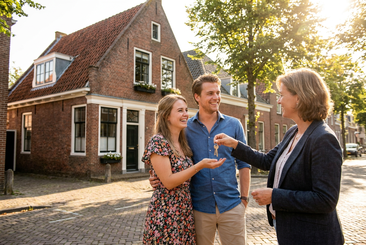 Blij stel ontvangt de sleutel van hun nieuwe huis van een makelaar voor een Nederlandse woning