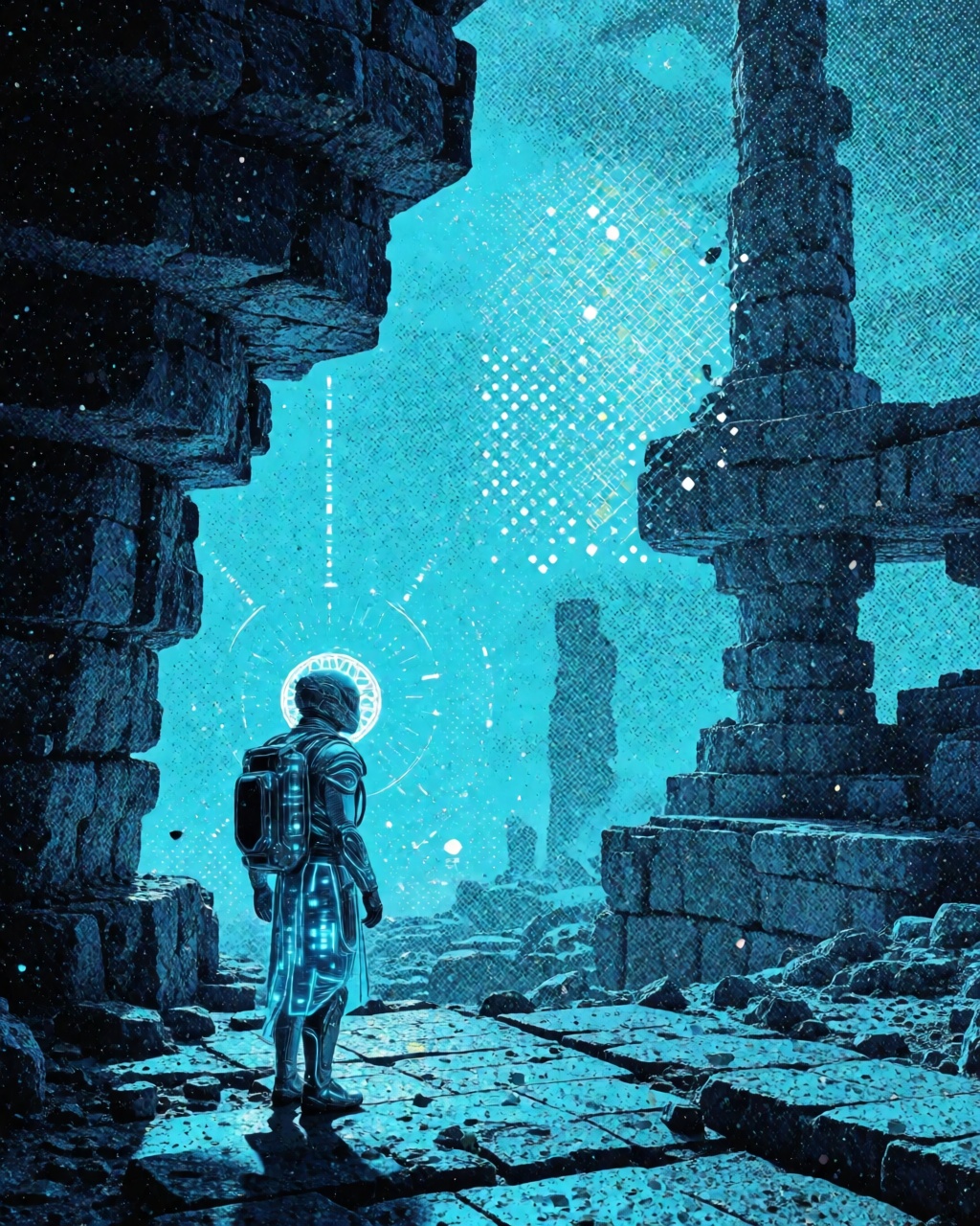 Electric Cyan Halftone Collage