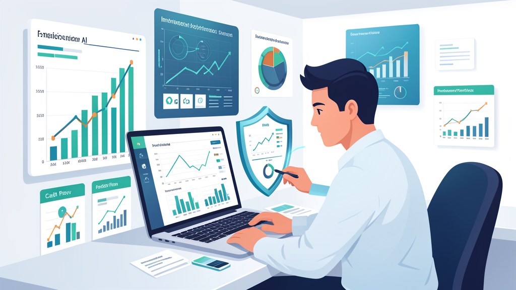 Empreendedora usando automação de IA para analisar fluxo de caixa, despesas e carteira de investimentos com segurança de dados