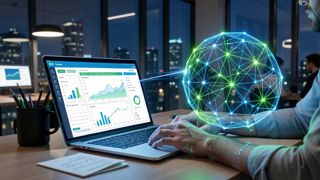 Profissional usando inteligência artificial para organizar produtividade, orçamento e investimentos em painéis digitais
