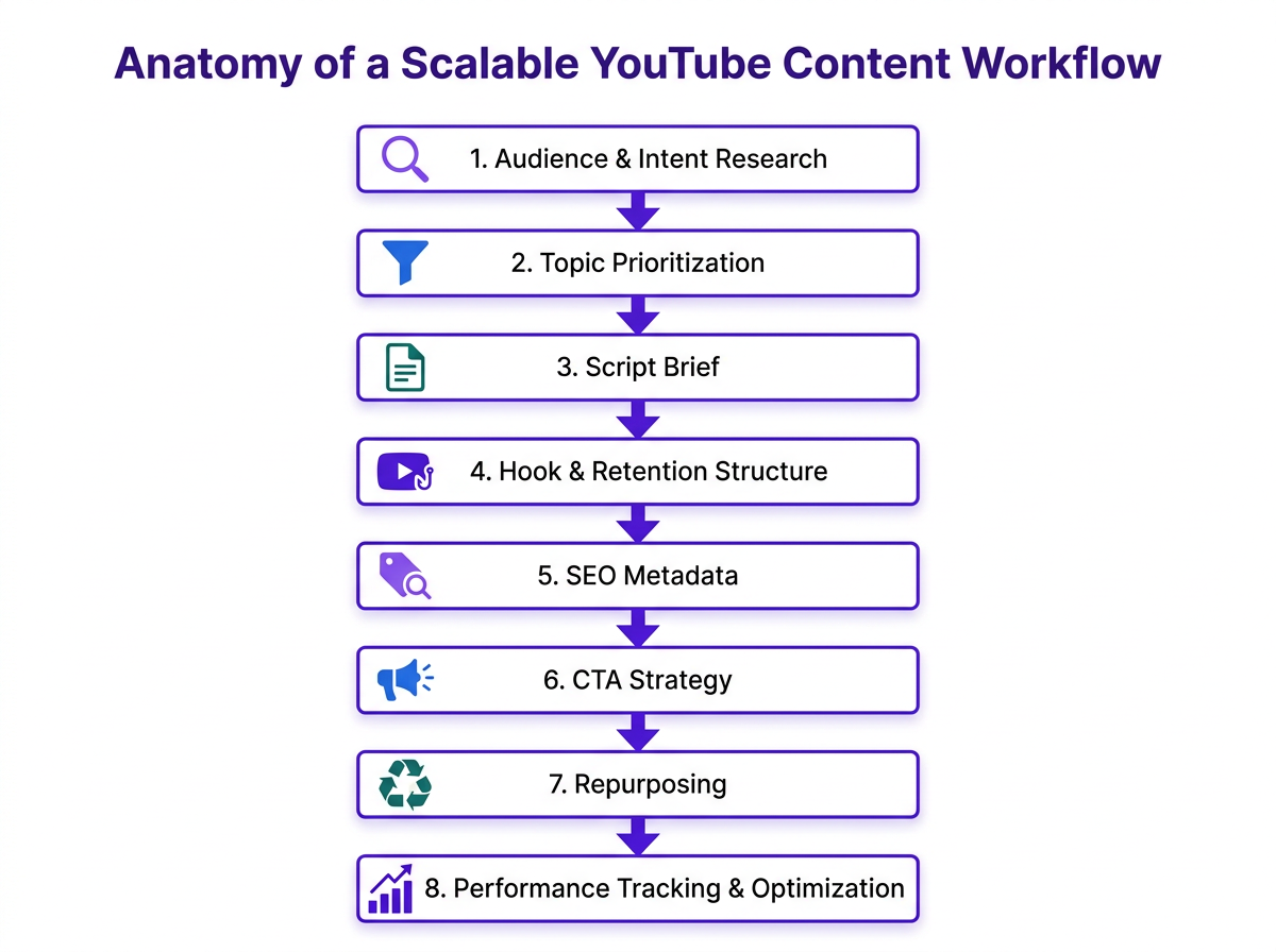 Flowchart showing 8 steps of a scalable YouTube content workflow