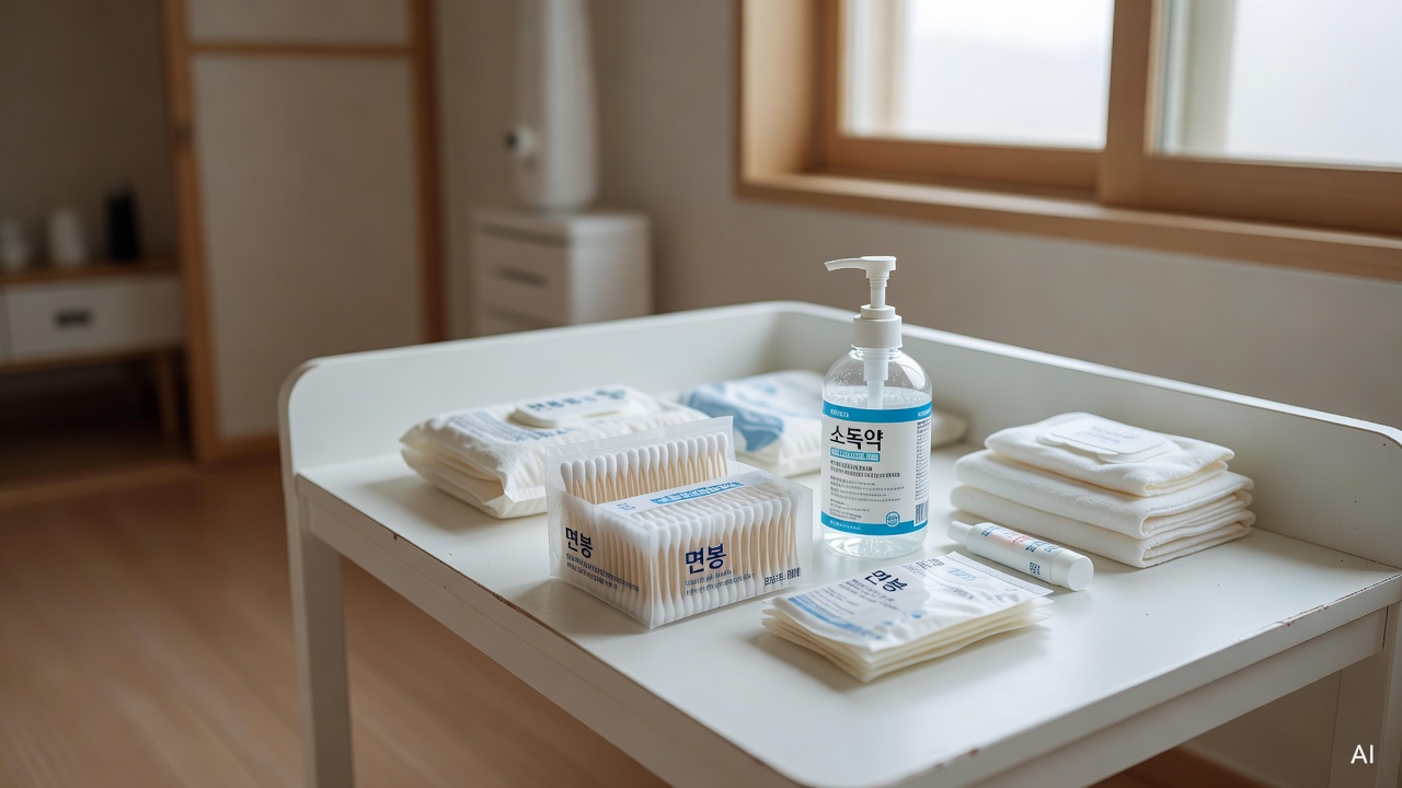 baby care supplies including cotton swabs and antiseptic solution arranged on a white changing table